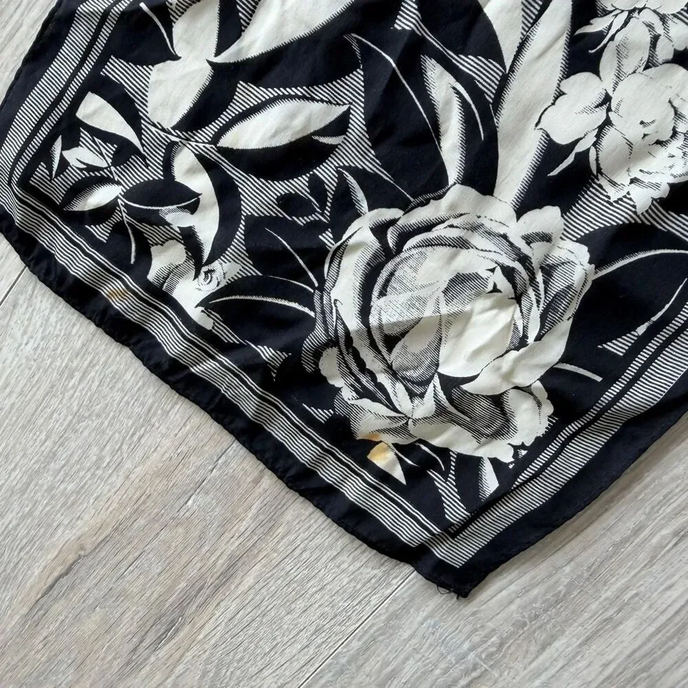 Vintage Black & Cream Floral Silk Twilly Scarf Botanical Old Money Romantic Chic